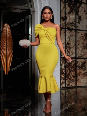 Żółta sukienka midi jedno ramię (XL)