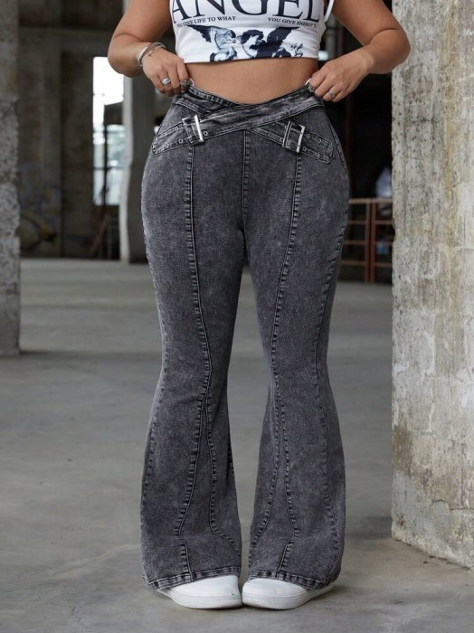 Grafitowe jeansy dzwony zamek (0XL)