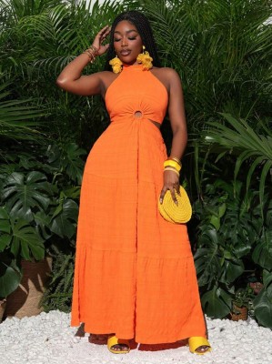 Pomarańczowa sukienka wiązanie maxi (L)