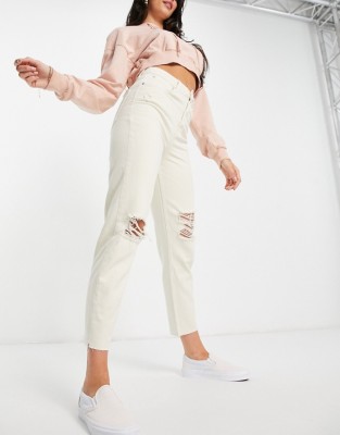 KREMOWE MOM JEANS DZIURY (42)