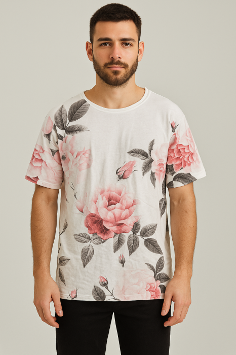 Biały t-shirt wzór kwiaty (XL)