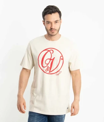 Beżowy t-shirt nadruk (L)