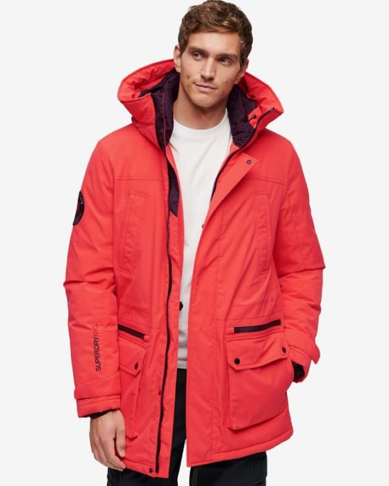 Czerwona kurtka kaptur kieszenie (M)