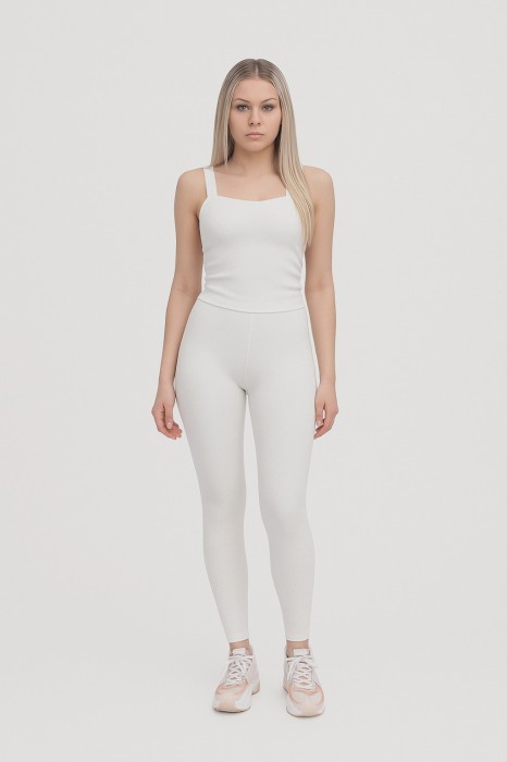 Śmietanowe prążkowane legginsy 7/8 (XL)