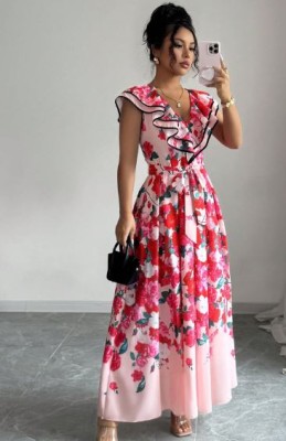 Jasnoróżowa sukienka falbany wzór (M)