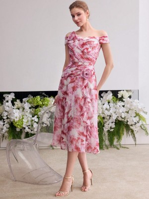 Wzorzysta sukienka midi off shoulder (L)