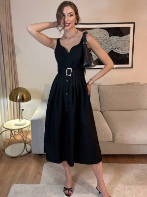 Czarna sukienka midi pasek (S)