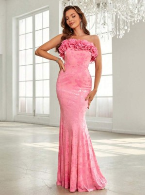 Różowa sukienka maxi odkryte ramiona (M)