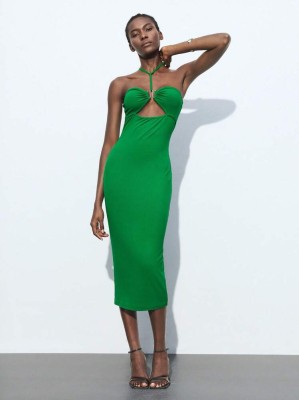 Zielona prążkowana sukienka midi (XS)