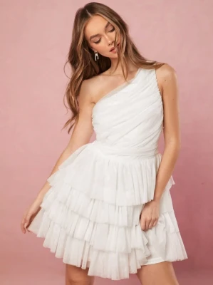 Biała sukienka mini jedno ramię (L)