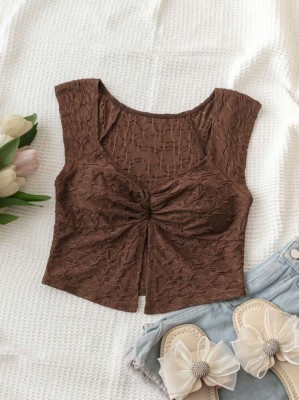 Brązowy teksturowany top rozcięcie (XL)