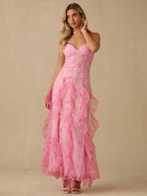 Różowa sukienka maxi wzór (XS)