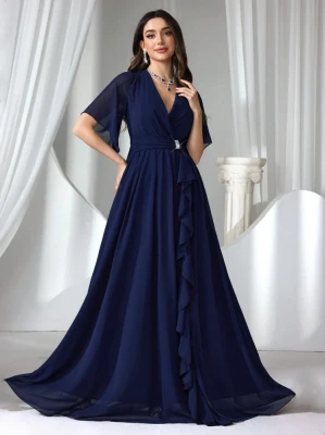 Granatowa szyfonowa suknia (L)