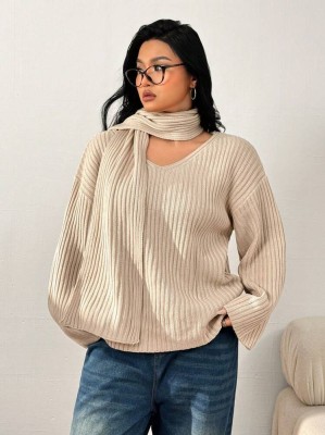 Beżowy prążkowany sweter szal (0XL)