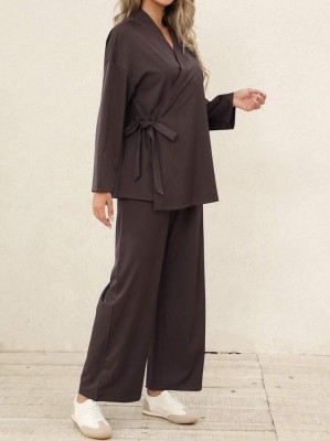 Brązowy komplet spodnie kardigan (L)