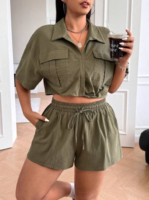 Oliwkowy zestaw szorty koszula (2XL)