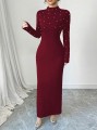 Bordowa zdobiona sukienka maxi (XL)