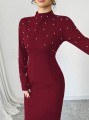Bordowa zdobiona sukienka maxi (XL)