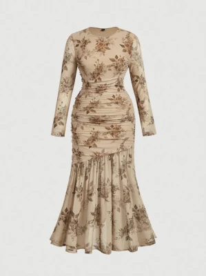 Beżowa sukienka kwiaty (0XL)