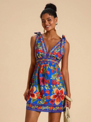 Niebieska sukienka mini kwiaty (M)