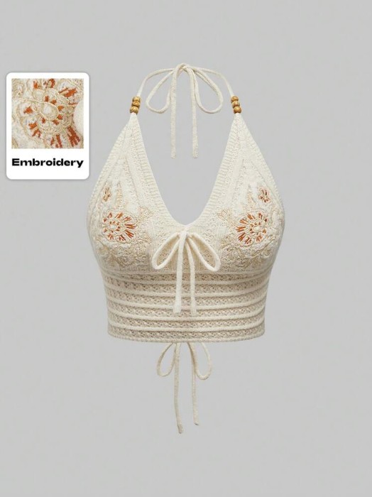Beżowy dzianinowy top hafty (1XL)