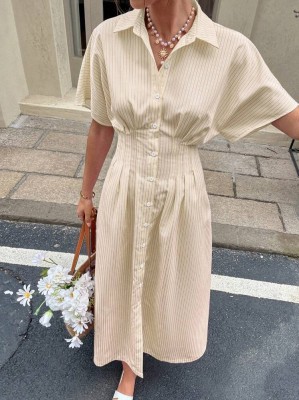 Beżowa sukienka koszulowa paski (M)