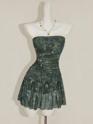 Khaki sukienka kombinezon 2w1 wzór (S)