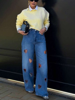 Niebieskie proste jeansy cut out (L)