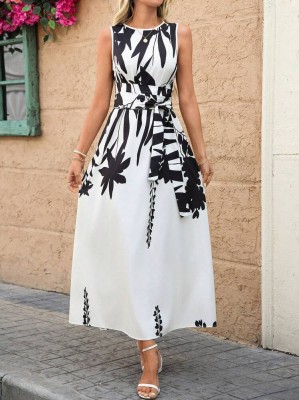 Śmietanowa sukienka midi nadruk (L)