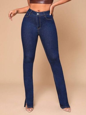 Granatowe jeansy rozcięcia (S)