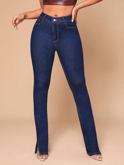 Granatowe jeansy rozcięcia (S)