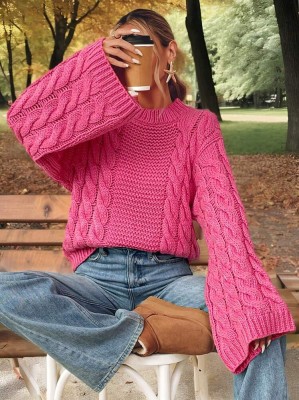 Różowy pleciony sweter oversize (S)