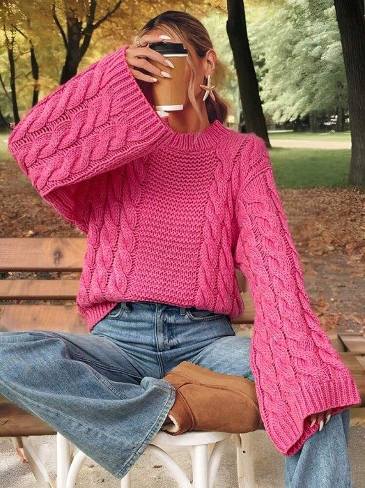 Różowy pleciony sweter oversize (S)