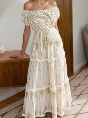 Ecru sukienka maxi wzór (M)