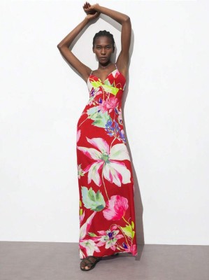 Czerwona sukienka maxi ramiączka wzór (M)