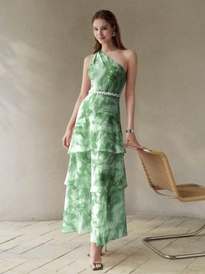 Zielona wzorzysta sukienka jedno ramię (XS)