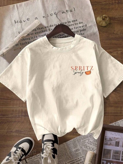 Prosty t-shirt ecru nadruk (M)