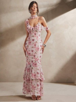 Jasnoróżowa sukienka maxi wzór kwiaty (L)