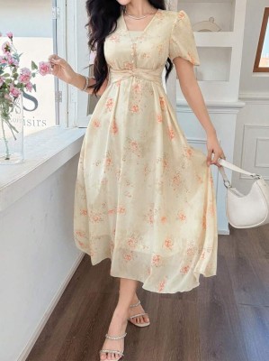 Beżowa sukienka midi kwiaty (L)