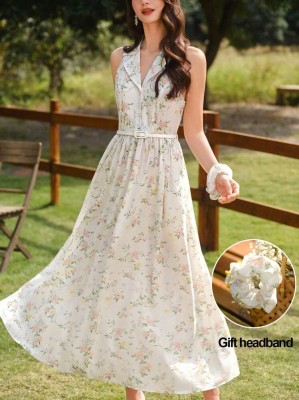 Ecru sukienka wzór kwiaty (S)