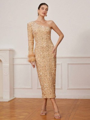 Beżowa cekinowa sukienka midi (L)