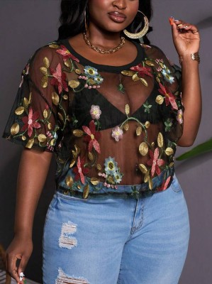 Czarna prześwitująca bluzka hafty (5XL)