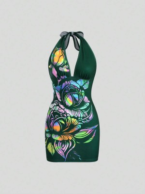 Zielona sukienka mini nadruk (S)