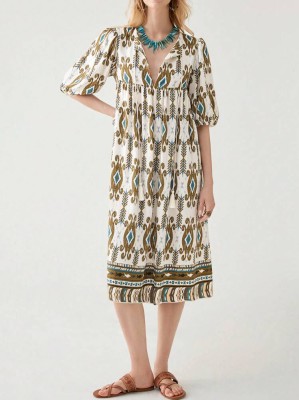 Ecru sukienka midi wzór (M)