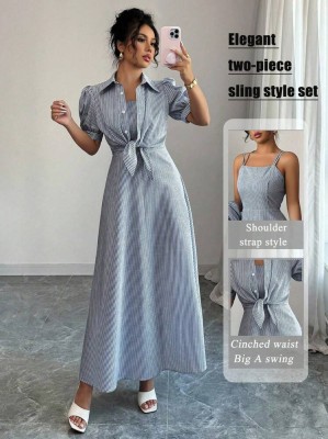 Pasiasty komplet sukienka koszula (L)