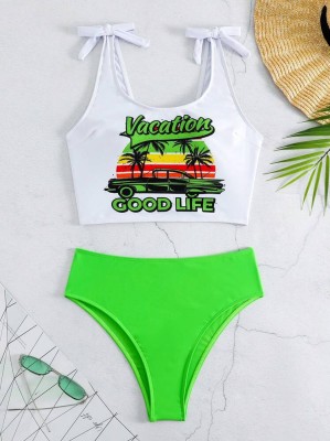 Biało zielone tankini kąpielowe nadruk (M)