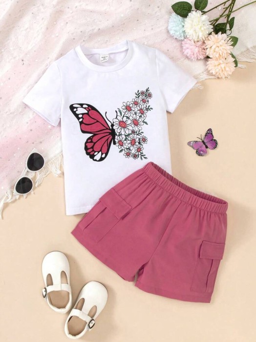 Biało różowy zestaw szorty t-shirt (5L)