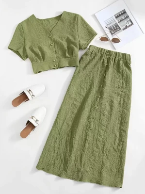 Zielony top guziki marszczenia (M)