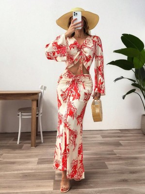 Ecru zestaw spódnica top wzór (S)