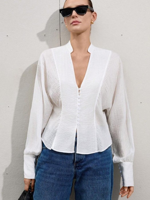 Biała koszula v neck długie rękawy (S)